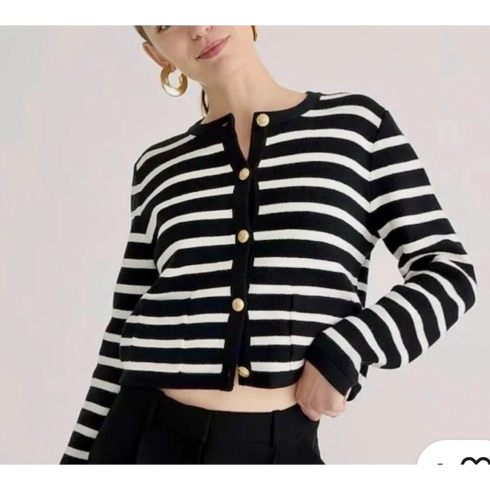 J. Crew Emilie Stripe Sweater Jacket In Black Ivory Size S cotton stripe A011604